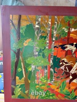 Large painted carved wood tableau, hunt scene with hounds, signed, 130 x 70
