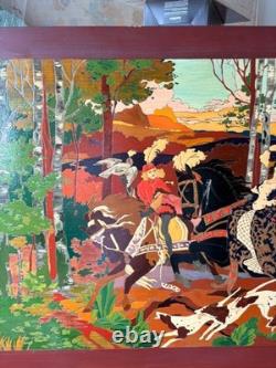 Large painted carved wood tableau, hunt scene with hounds, signed, 130 x 70