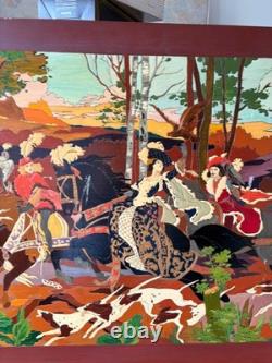 Large painted carved wood tableau, hunt scene with hounds, signed, 130 x 70