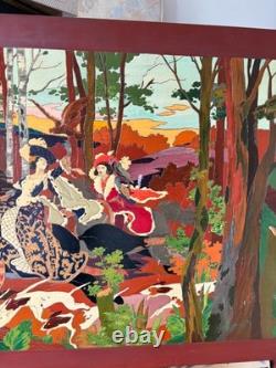 Large painted carved wood tableau, hunt scene with hounds, signed, 130 x 70