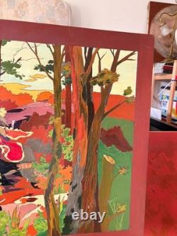 Large painted carved wood tableau, hunt scene with hounds, signed, 130 x 70