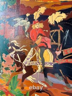 Large painted carved wood tableau, hunt scene with hounds, signed, 130 x 70