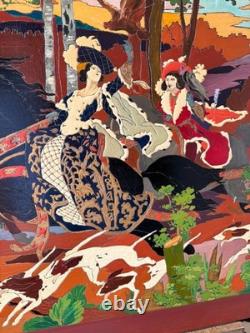 Large painted carved wood tableau, hunt scene with hounds, signed, 130 x 70
