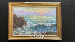 Large painting signed oil on wood panel landscape sunset in the sea