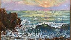 Large painting signed oil on wood panel landscape sunset in the sea