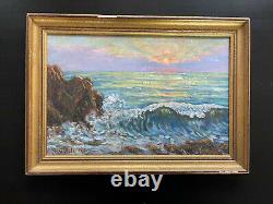 Large painting signed oil on wood panel landscape sunset in the sea