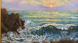 Large painting signed oil on wood panel landscape sunset in the sea