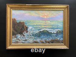 Large painting signed oil on wood panel landscape sunset in the sea