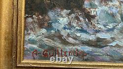 Large painting signed oil on wood panel landscape sunset in the sea
