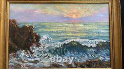 Large painting signed oil on wood panel landscape sunset in the sea