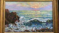 Large painting signed oil on wood panel landscape sunset in the sea