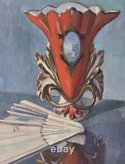 Léon Coste Old painting, oil on canvas, still life with vase and fan, signed - Art Deco
