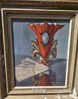 Léon Coste Old painting, oil on canvas, still life with vase and fan, signed - Art Deco