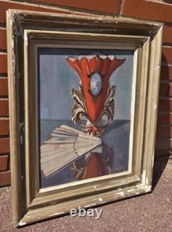 Léon Coste Old painting, oil on canvas, still life with vase and fan, signed - Art Deco
