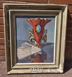 Léon Coste Old painting, oil on canvas, still life with vase and fan, signed - Art Deco