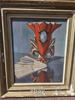 Léon Coste Old painting, oil on canvas, still life with vase and fan, signed - Art Deco