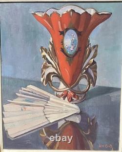Léon Coste Old painting, oil on canvas, still life with vase and fan, signed - Art Deco