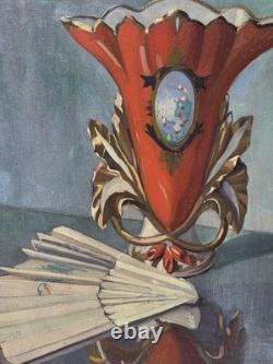 Léon Coste Old painting, oil on canvas, still life with vase and fan, signed - Art Deco