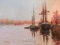 Leon Zeytline Russian Painter Painting Marine Landscape Boat Dock River Boats