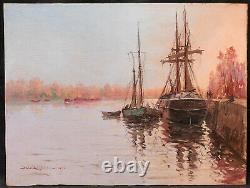 Leon Zeytline Russian Painter Painting Marine Landscape Boat Dock River Boats