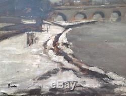 Leonard Bordes Painting 30/40 Hsp City And River In The Snow School Of Rouen