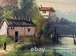 Lively Mountain Landscape Scene by the River with Gilt Stucco Wood Frame, Late 19th Century