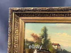 Lively Mountain Landscape Scene by the River with Gilt Stucco Wood Frame, Late 19th Century