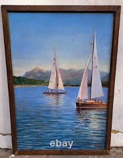 Longé. P oil on wood marine sailing ships marine decoration 1958 vintage holidays