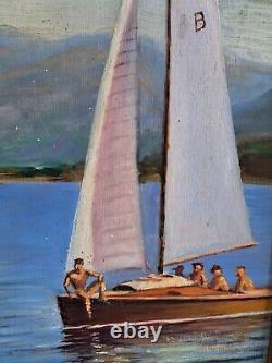 Longé. P oil on wood marine sailing ships marine decoration 1958 vintage holidays