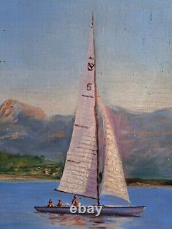 Longé. P oil on wood marine sailing ships marine decoration 1958 vintage holidays