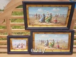 Lot 3 Paintings On Wood Panel Beach Scene Seaside 1880