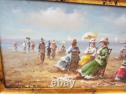 Lot 3 Paintings On Wood Panel Beach Scene Seaside 1880