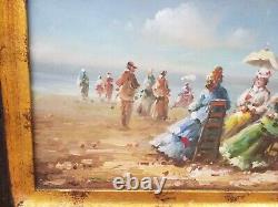 Lot 3 Paintings On Wood Panel Beach Scene Seaside 1880