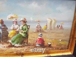 Lot 3 Paintings On Wood Panel Beach Scene Seaside 1880