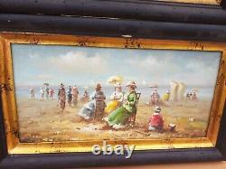 Lot 3 Paintings On Wood Panel Beach Scene Seaside 1880