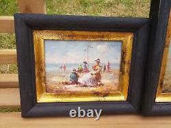 Lot 3 Paintings On Wood Panel Beach Scene Seaside 1880