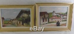 Lot Of 2 Beautiful Oil Painting On Wood Village Basque-pyrenees Signed A. Roux