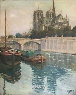 Louis Frennet Tableau Hst Notre Dame De Paris La Seine 1926 Original French Art