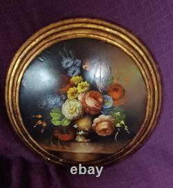 Lovely Oil Painting on Wood Convex Round Panel Flower Bouquet