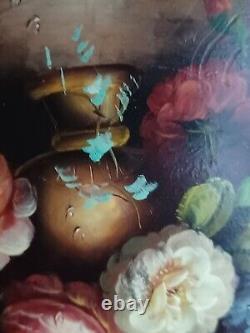 Lovely Oil Painting on Wood Convex Round Panel Flower Bouquet