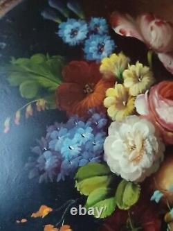 Lovely Oil Painting on Wood Convex Round Panel Flower Bouquet