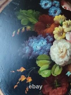 Lovely Oil Painting on Wood Convex Round Panel Flower Bouquet