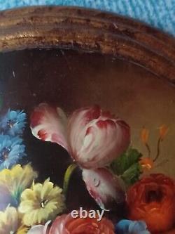 Lovely Oil Painting on Wood Convex Round Panel Flower Bouquet