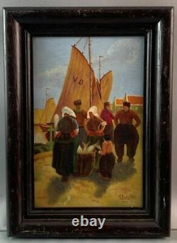 Lovely Painting On Wood March Aux Poissons In Holland 1943 Framed Sign