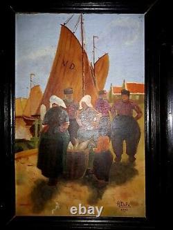 Lovely Painting On Wood March Aux Poissons In Holland 1943 Framed Sign