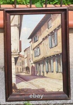M. SARTRE. View of Village Alley Oil painting on wood panel