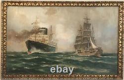 Magnificent Painting Oil Marine Boats 19th Century Painting