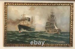 Magnificent Painting Oil Marine Boats 19th Century Painting