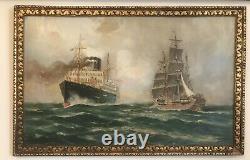 Magnificent Painting Oil Marine Boats 19th Century Painting