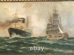 Magnificent Painting Oil Marine Boats 19th Century Painting